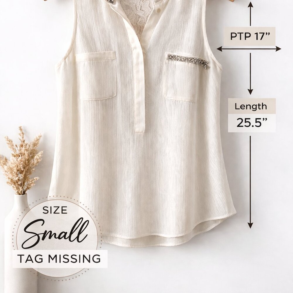 GUESS Off-White Crinkle Chiffon Sleeveless Blouse Small Lace Rhinestone Pockets - Picture 2 of 8